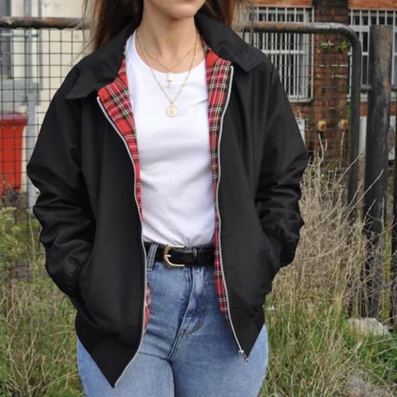 Black harrington jacket hotsell with red tartan lining