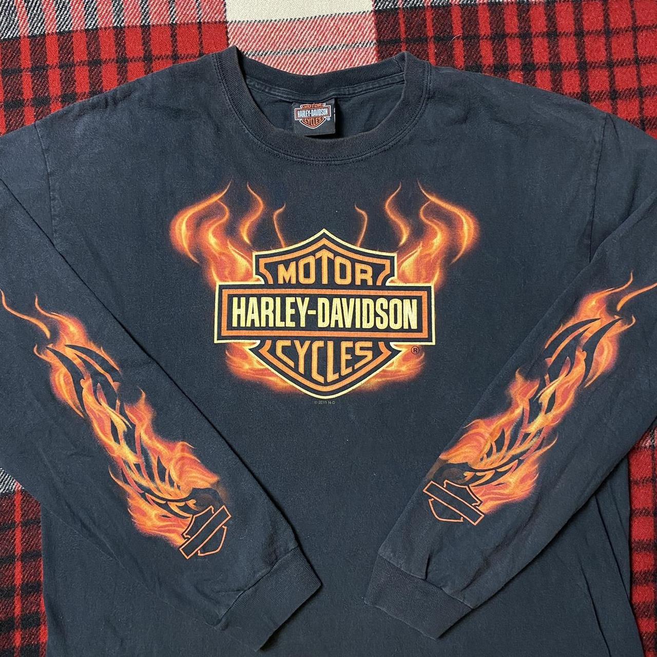 Vintage Y2K Harley Davidson Flame Logo Graphic Long... - Depop