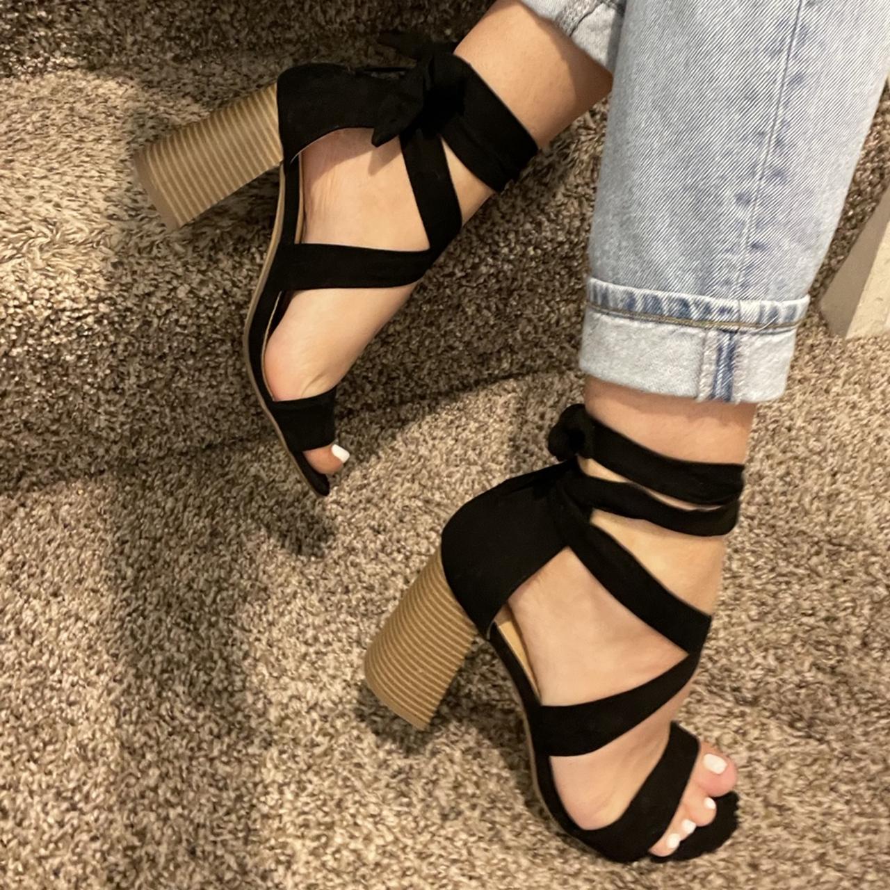 Express Heels Size 8 Tie up black & wooden heels Depop