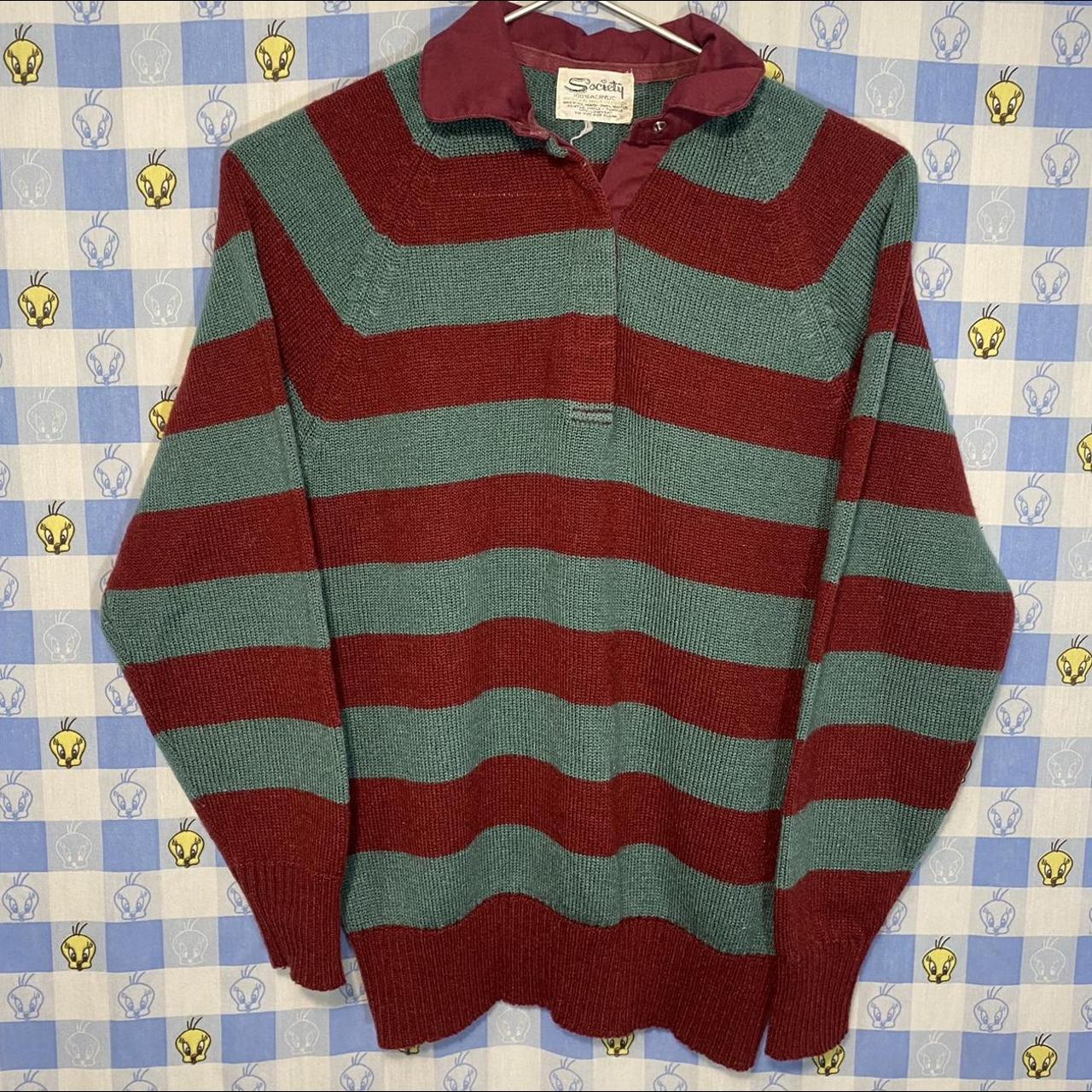 Vintage Striped Sweater Maroon and Teal Horizontal... Depop