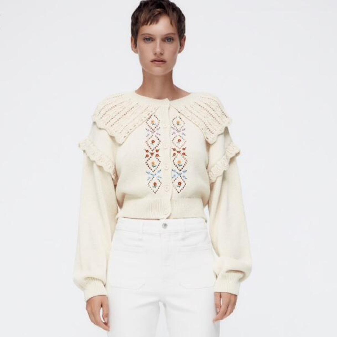 Zara Floral Embroidered Knit Cardigan with a Peter... Depop