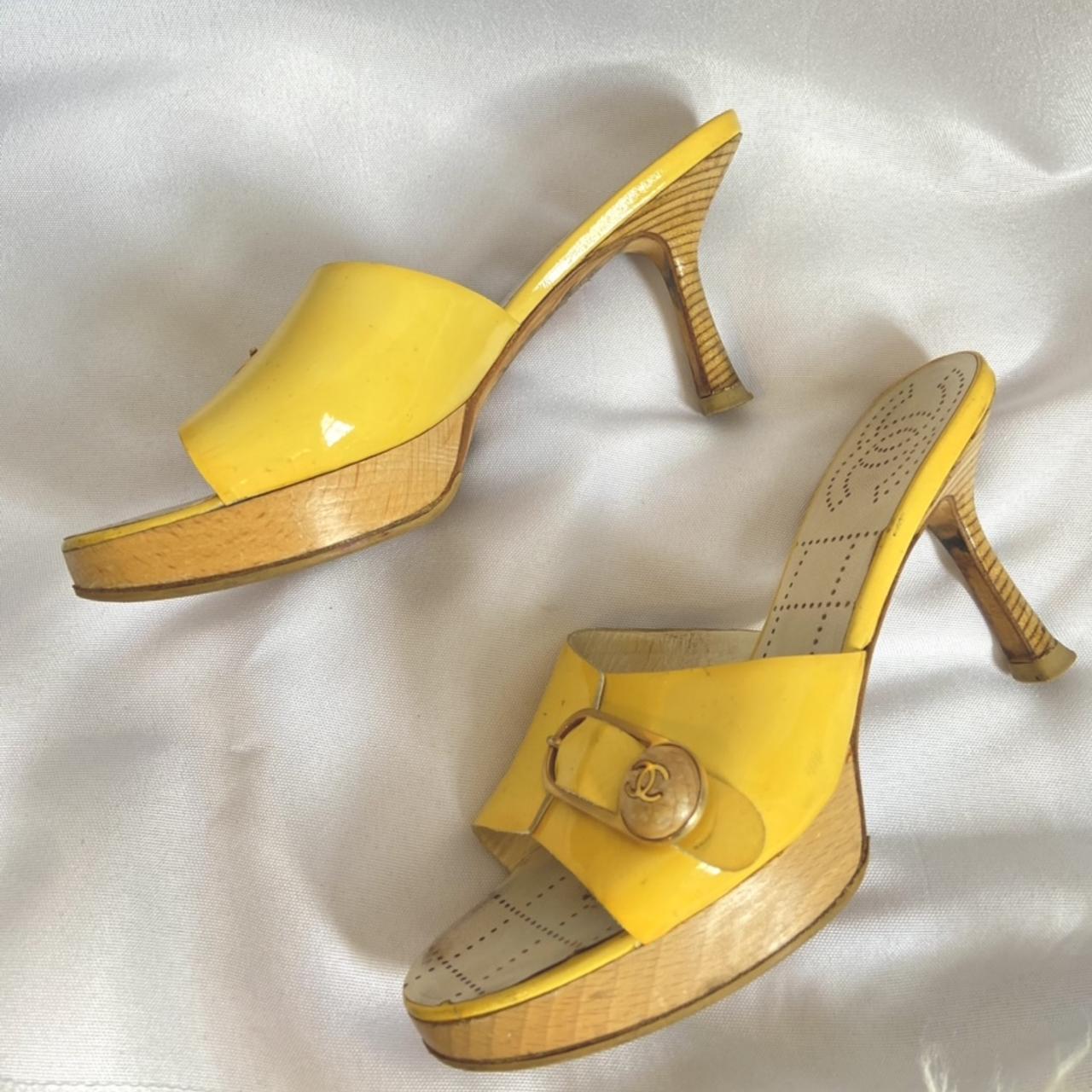 🌼🍌🌙💛🏵 Authentic Yellow Chanel Heels with Patent... - Depop