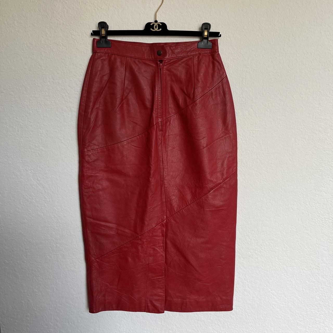 Vintage Red leather midi pencil skirt with front... - Depop