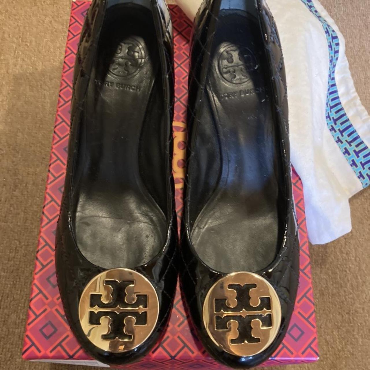 Tory Burch wedge shoes light patent with gold logo... - Depop