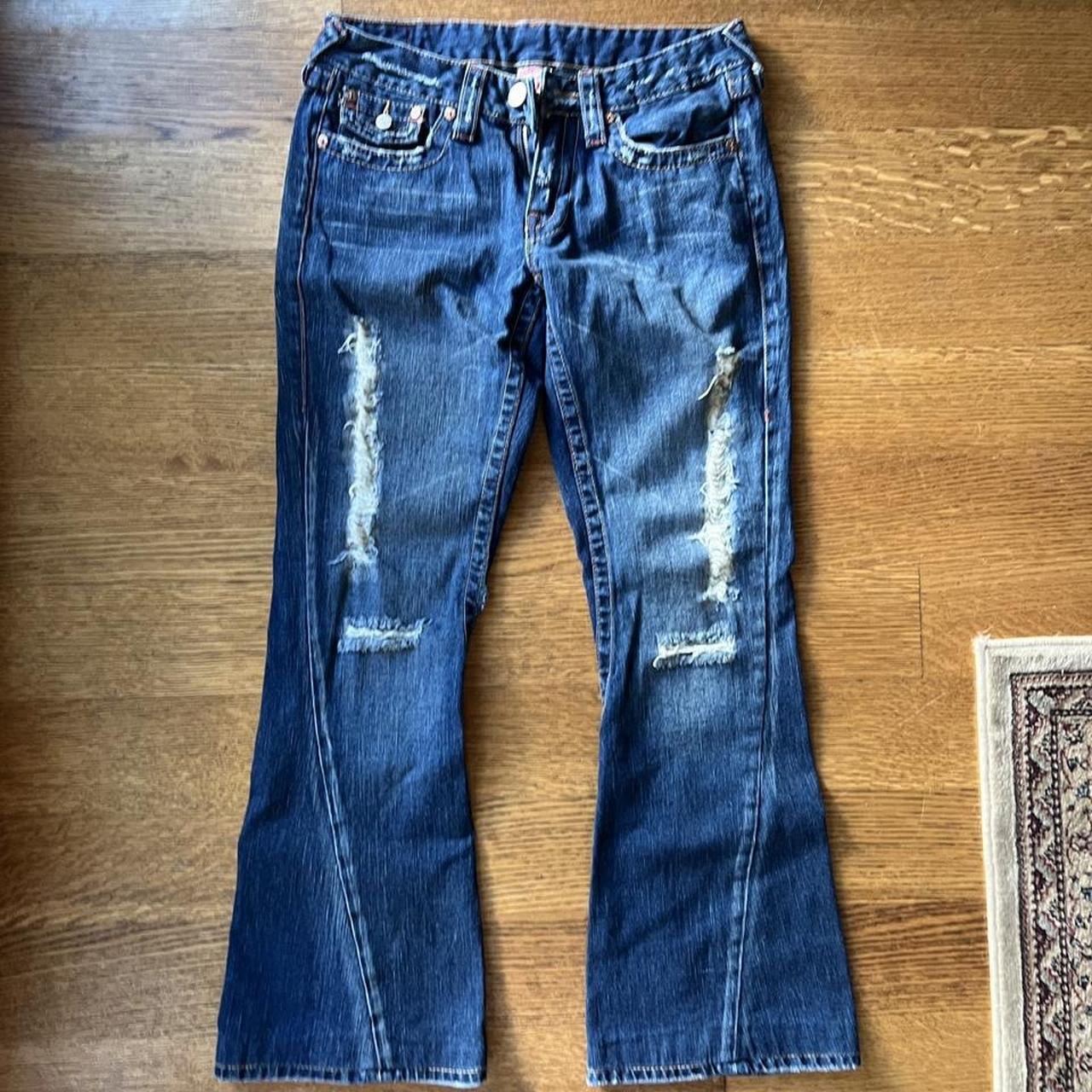 True Religion Distressed Low Rise Flare Jeans... - Depop