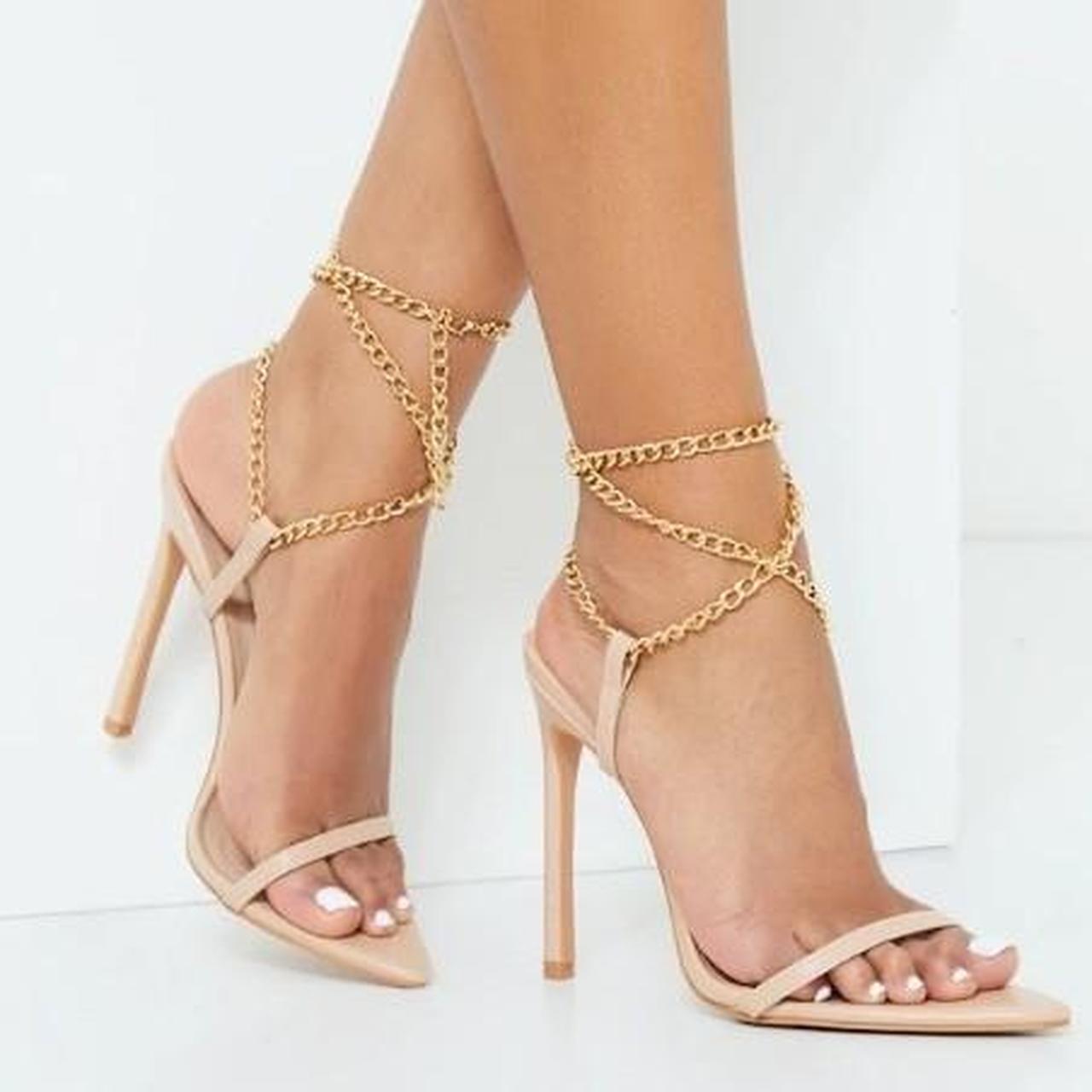 Nude Pu Pointed Strappy Chain High Heels