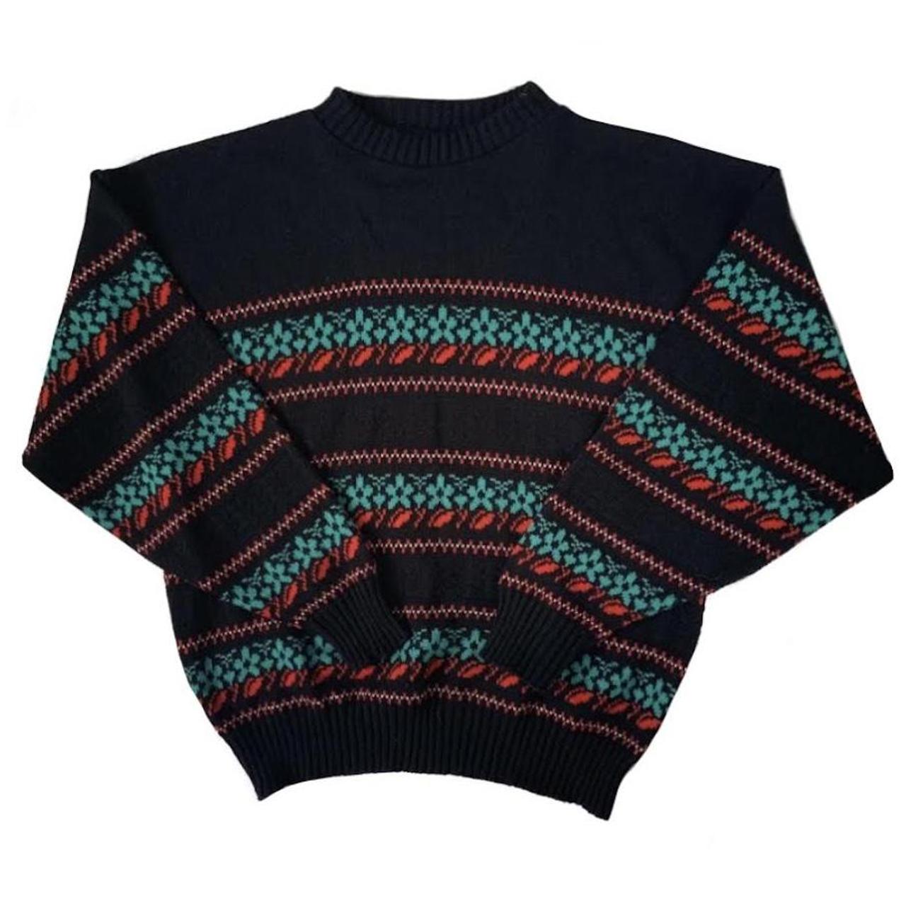 Vintage Knitted Jumper Black green and red patterned... - Depop