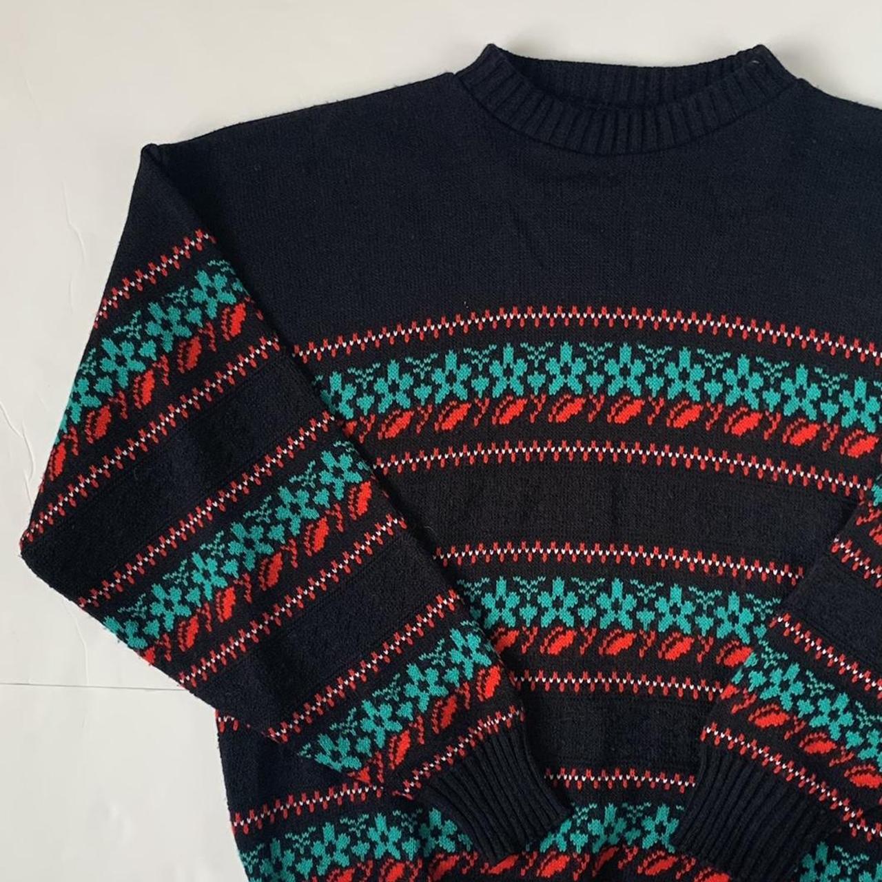 Vintage Knitted Jumper Black green and red patterned... - Depop