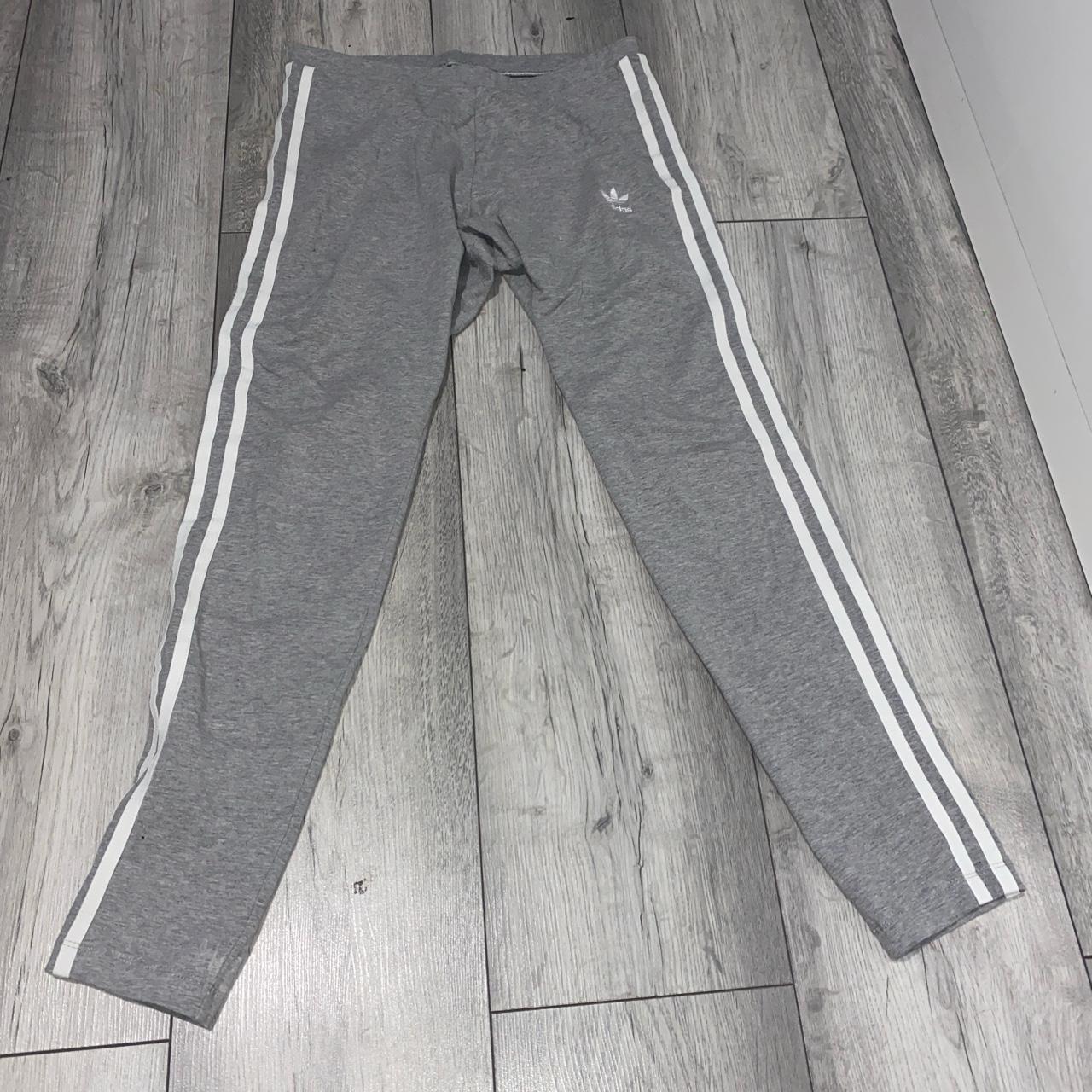 Grey and white stripe adidas leggings size uk12.... - Depop