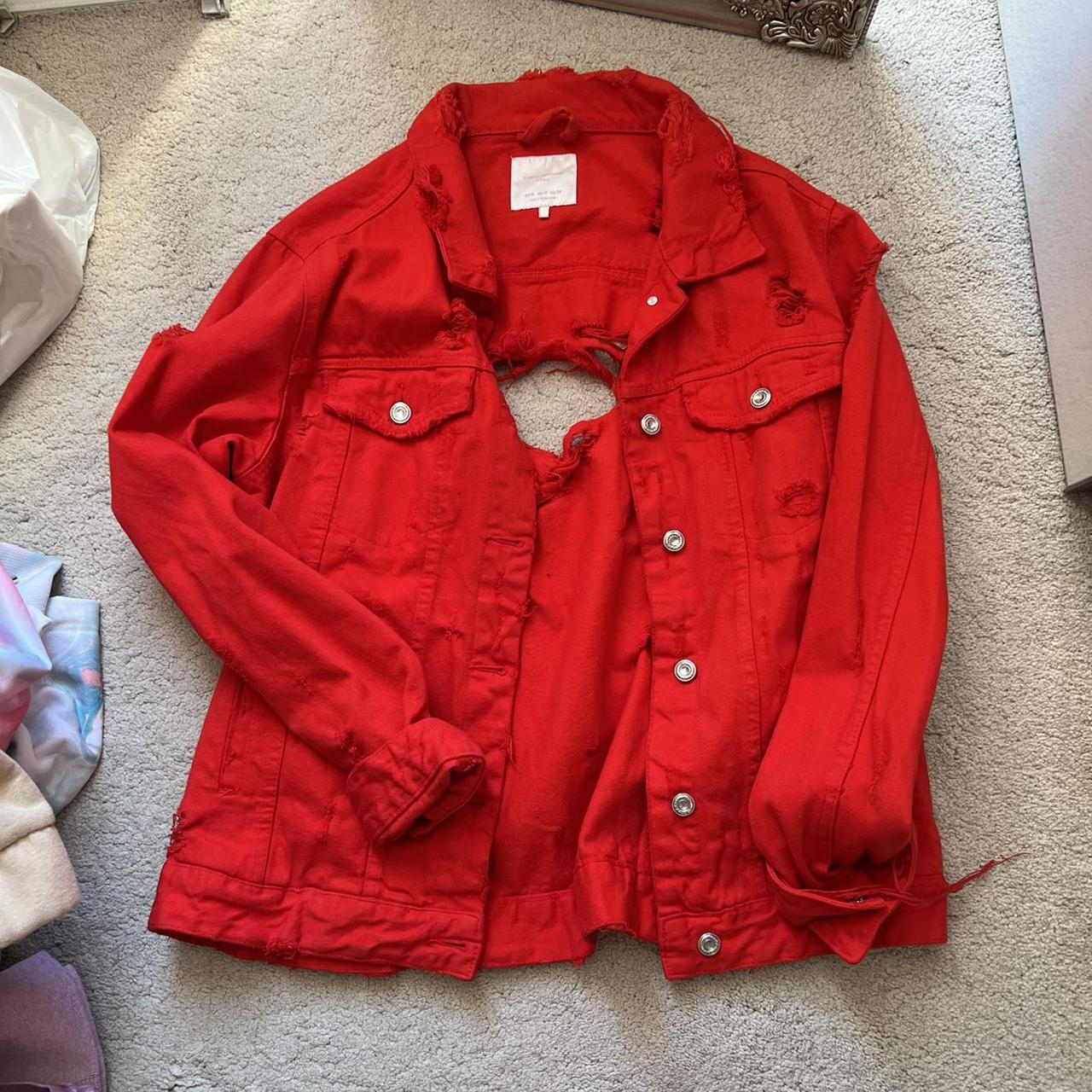 red distressed jean jacket