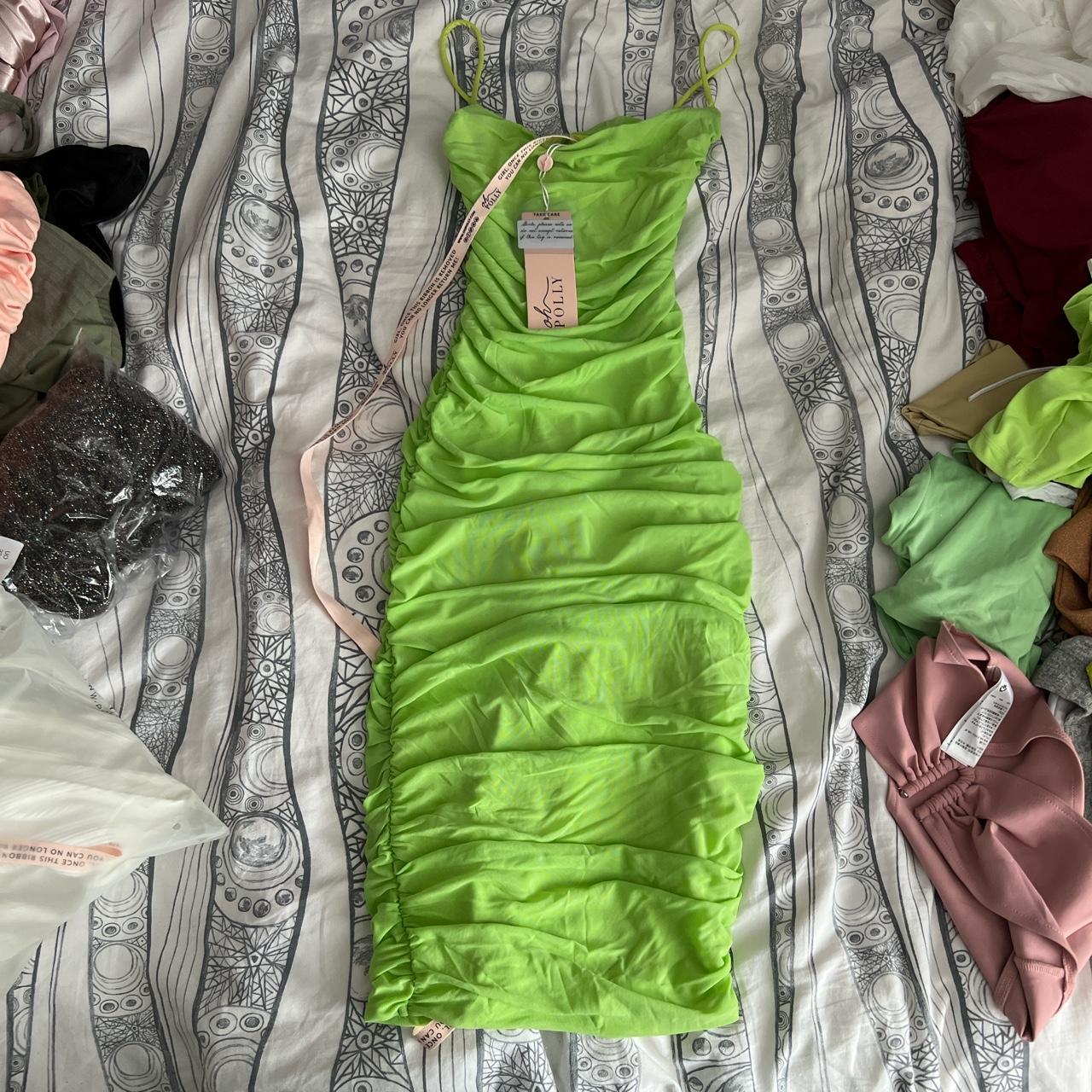 Oh Polly green ruched midi bodycon dress. Size 10.... - Depop