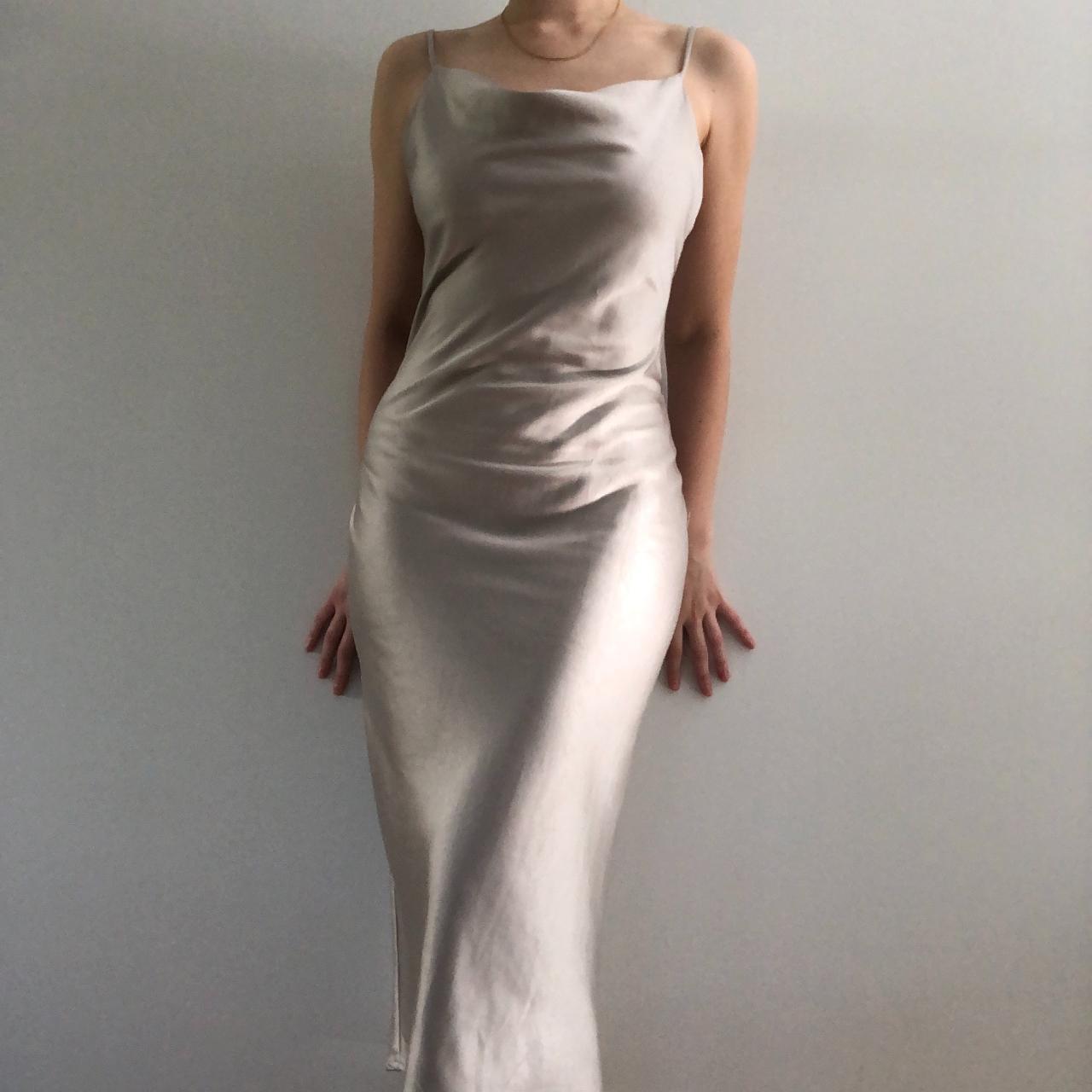 Stunning silver satin slip dress, midi length. Would... - Depop