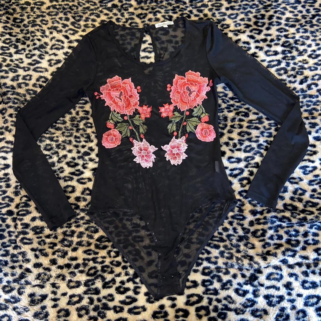 black mesh bodysuit with floral patches from... - Depop
