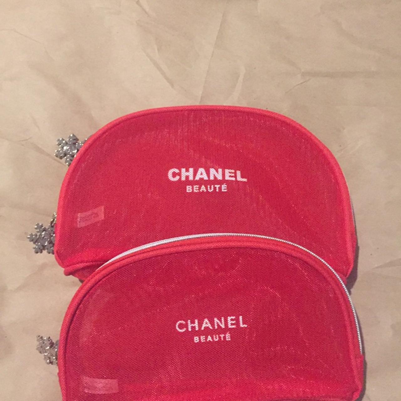2 x Chanel red mesh snowflake makeup cosmetic bag.