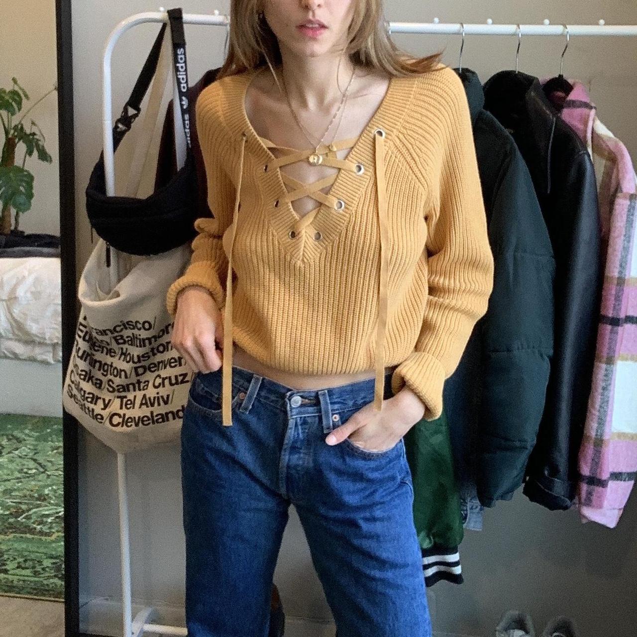 PacSun Women's Sweater Yellow M – YELLOW LACE- UP SWEATER