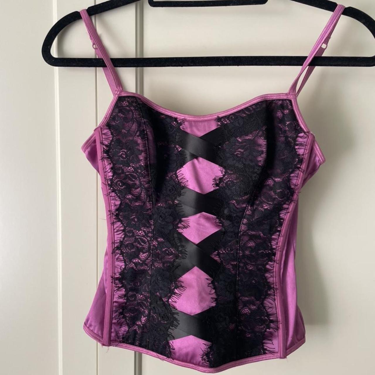 🌱 Vintage Victoria secret purple, black lace corset... - Depop