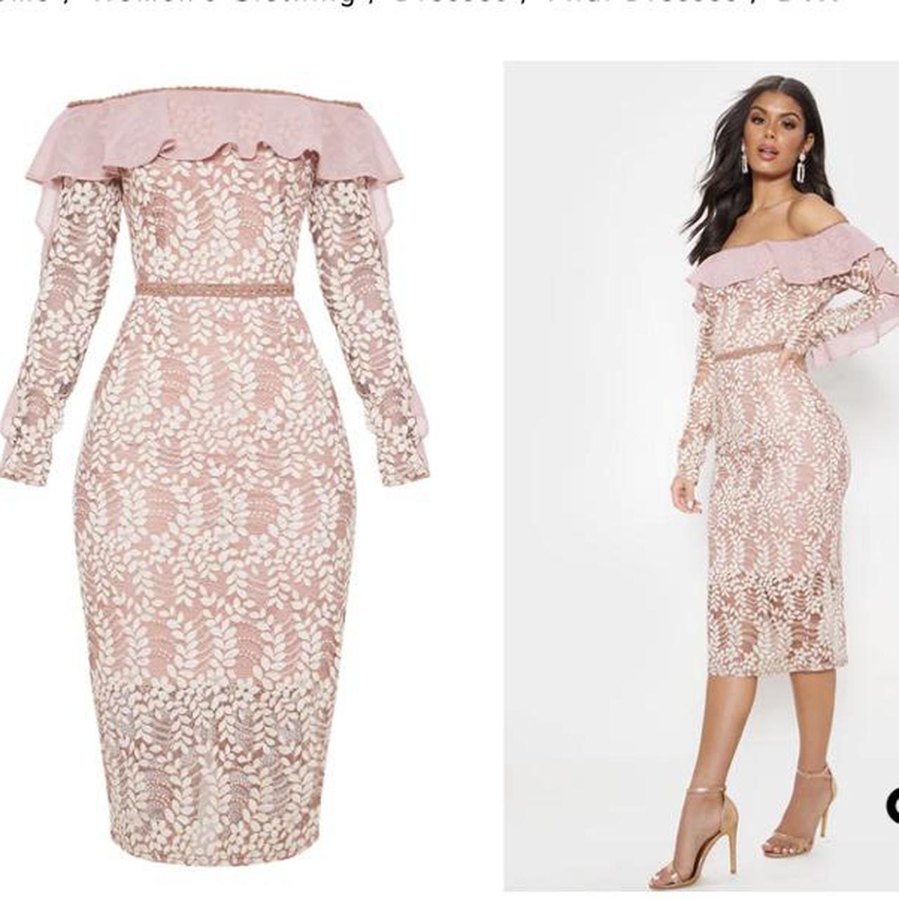 dusty pink bardot lace frill sleeve midi dress