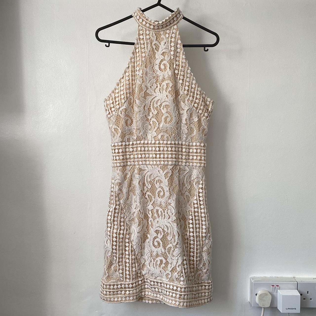 PLT White High Neck Lace Crochet Bodycon Dress -... - Depop