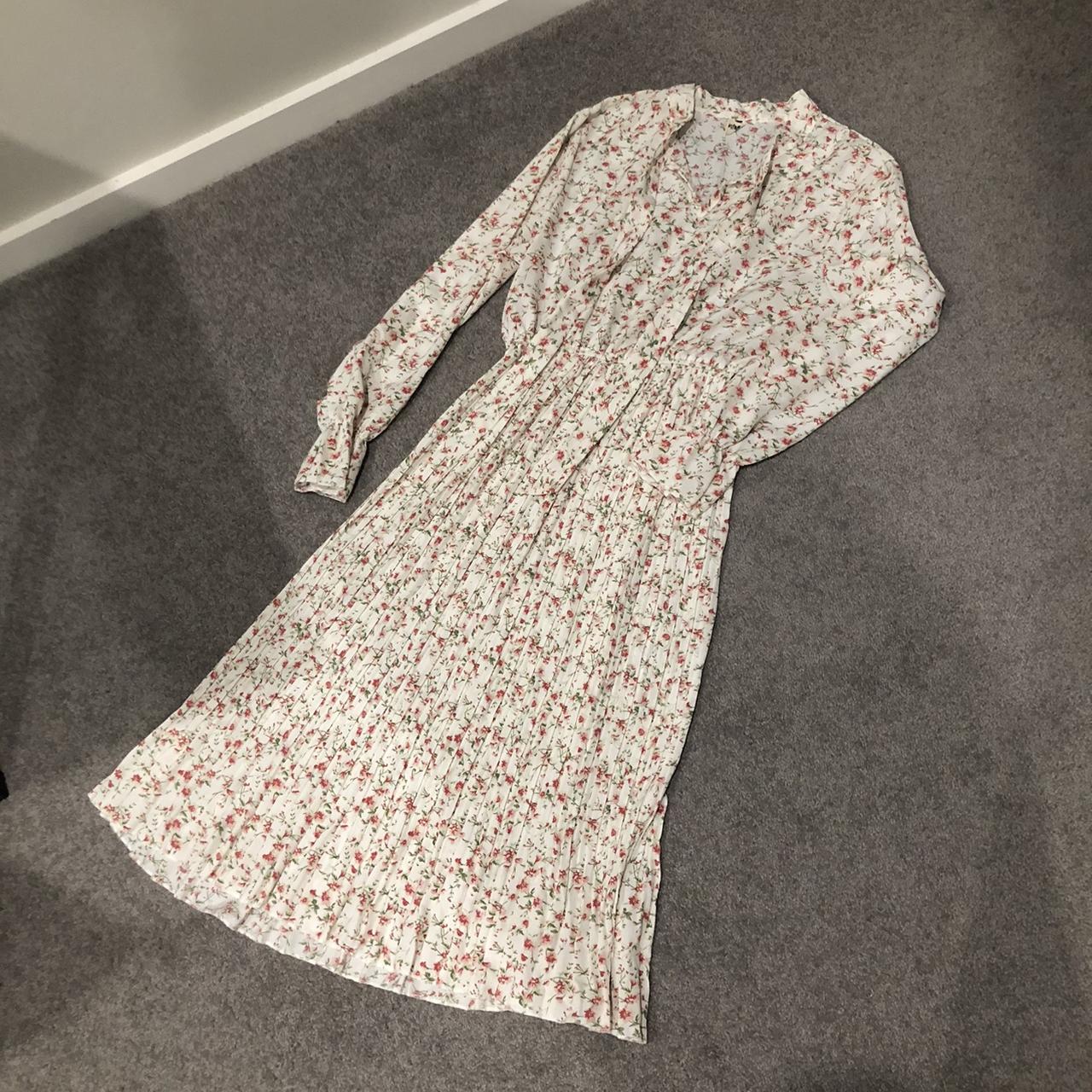 Super cute cream midi long sleeves dress with pink... - Depop