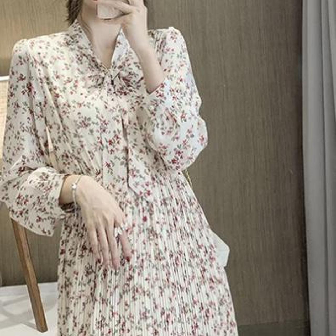 Super cute cream midi long sleeves dress with pink... - Depop