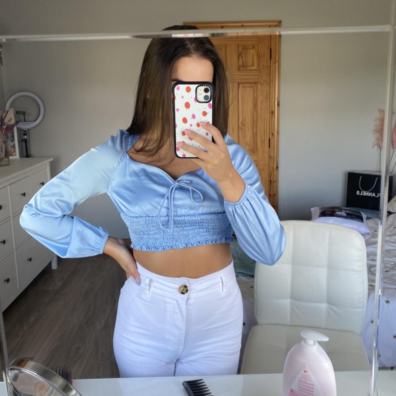 Baby blue satin crop top, only worn a handful of... Depop