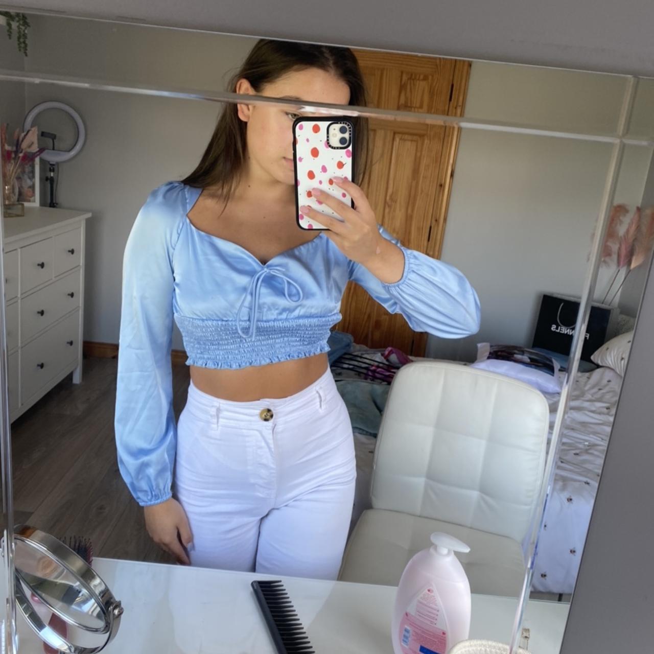 Baby blue satin crop top, only worn a handful of... Depop