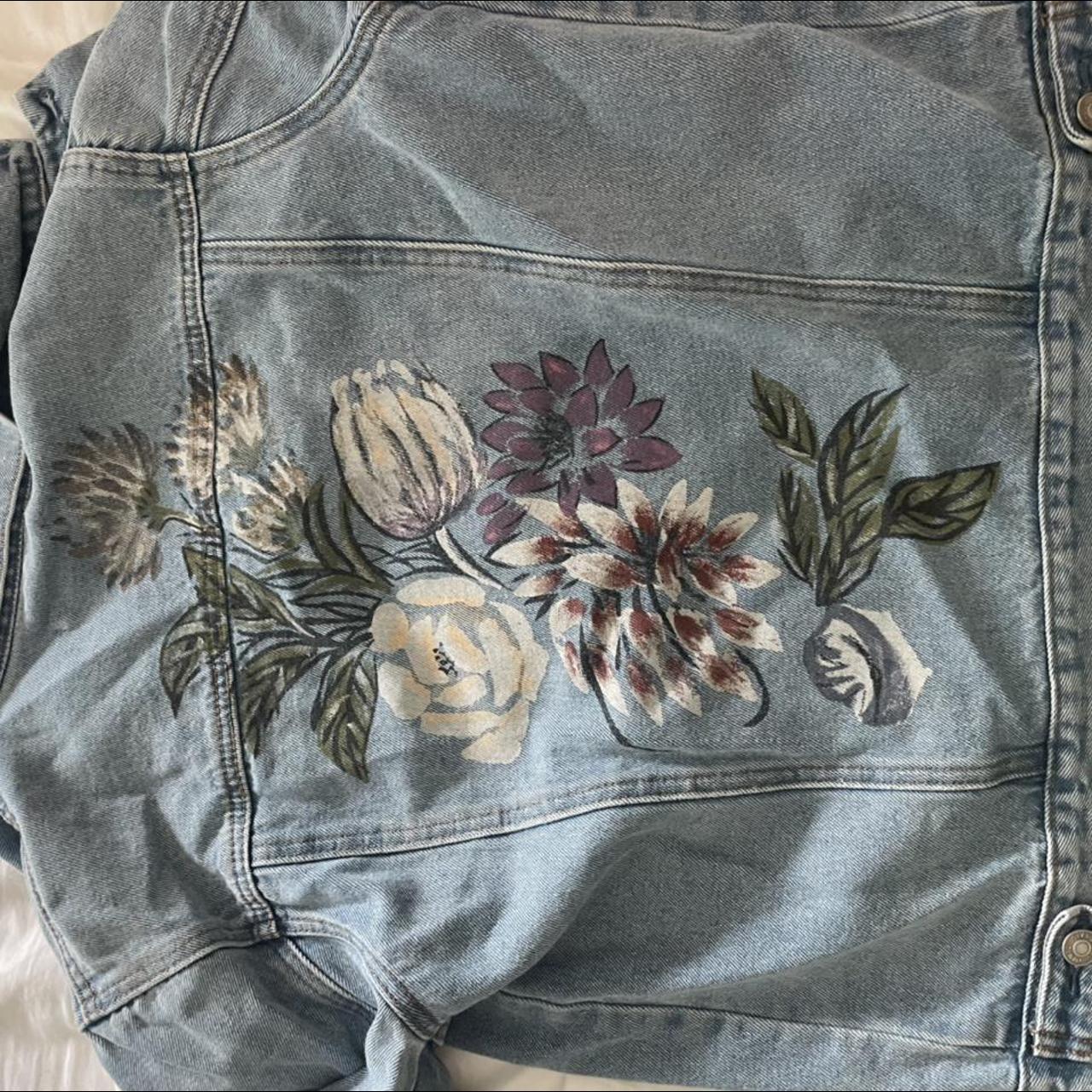 Jean Jacket With Painted Flowers On Back Size Depop   P0 