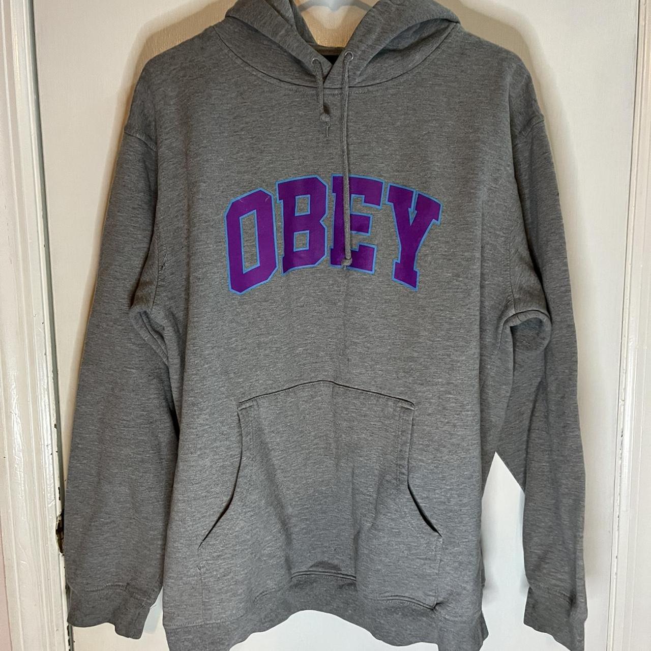 Obey hoodie with fleece-lined interior, relaxed fit,... - Depop