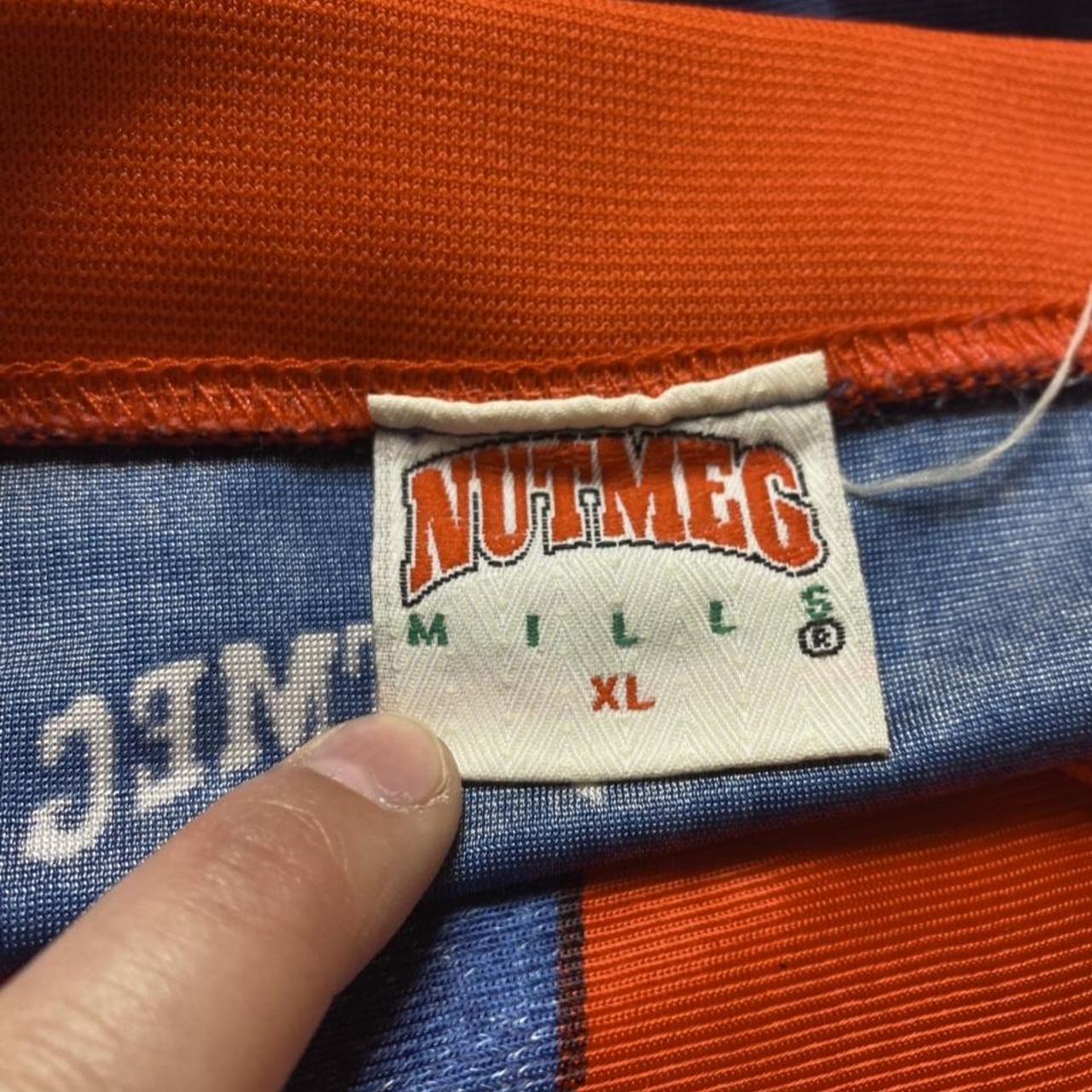 Nutmeg Men's Red and Navy Tshirt Depop