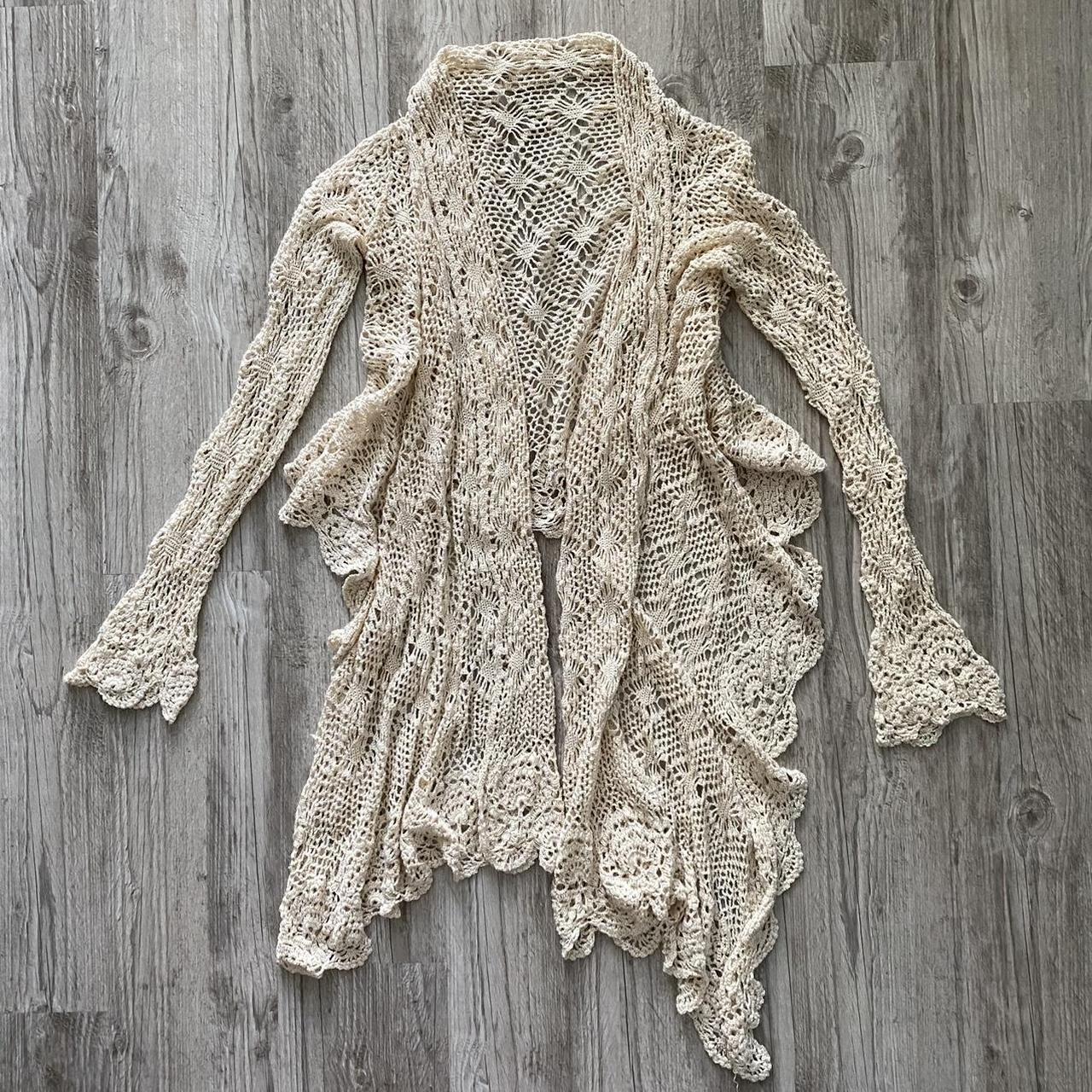 Vintage beige boho cottagecore crochet cardigan... - Depop