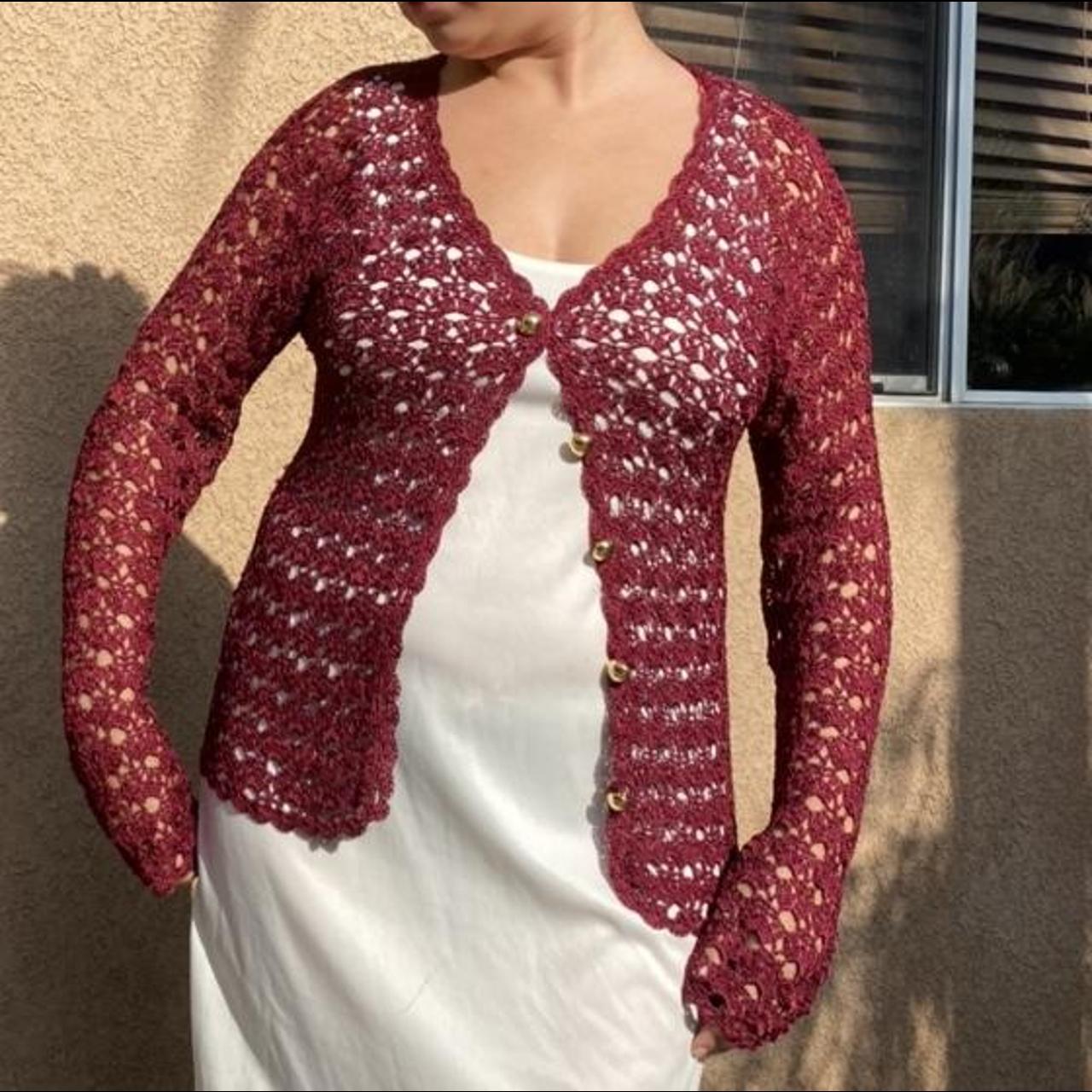 Vintage burgundy crochet web jacket. Size small.... Depop