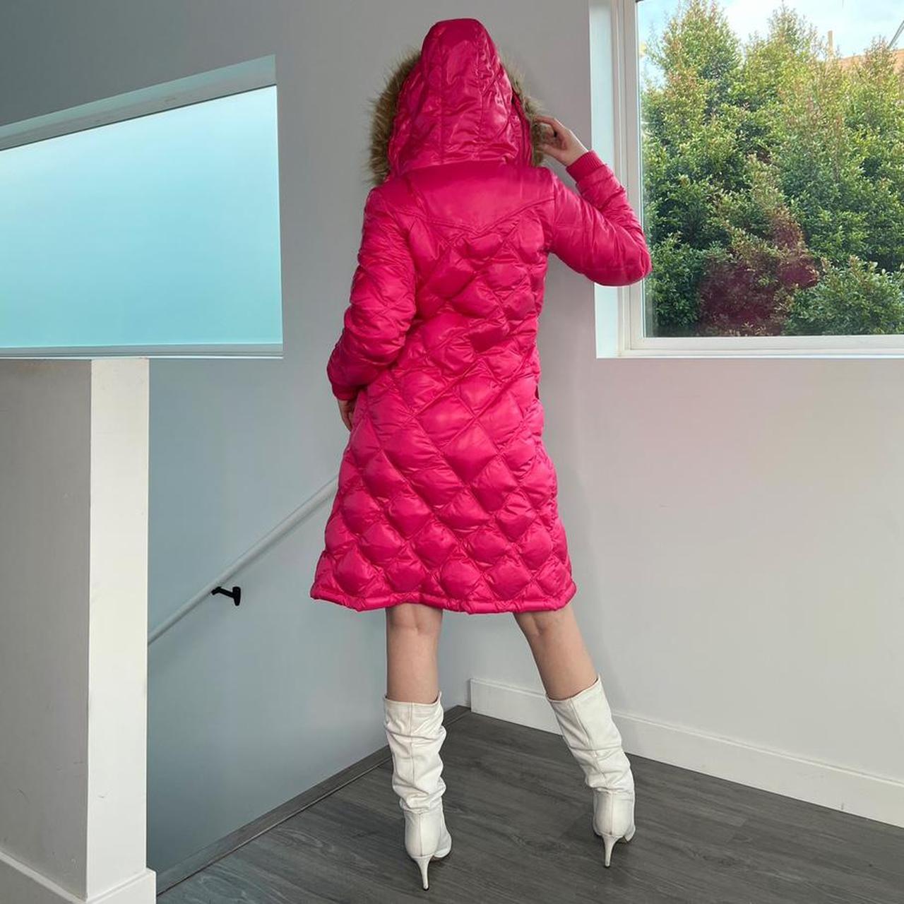 Hot Pink Puffer Coat. Brown fur trim around the... Depop