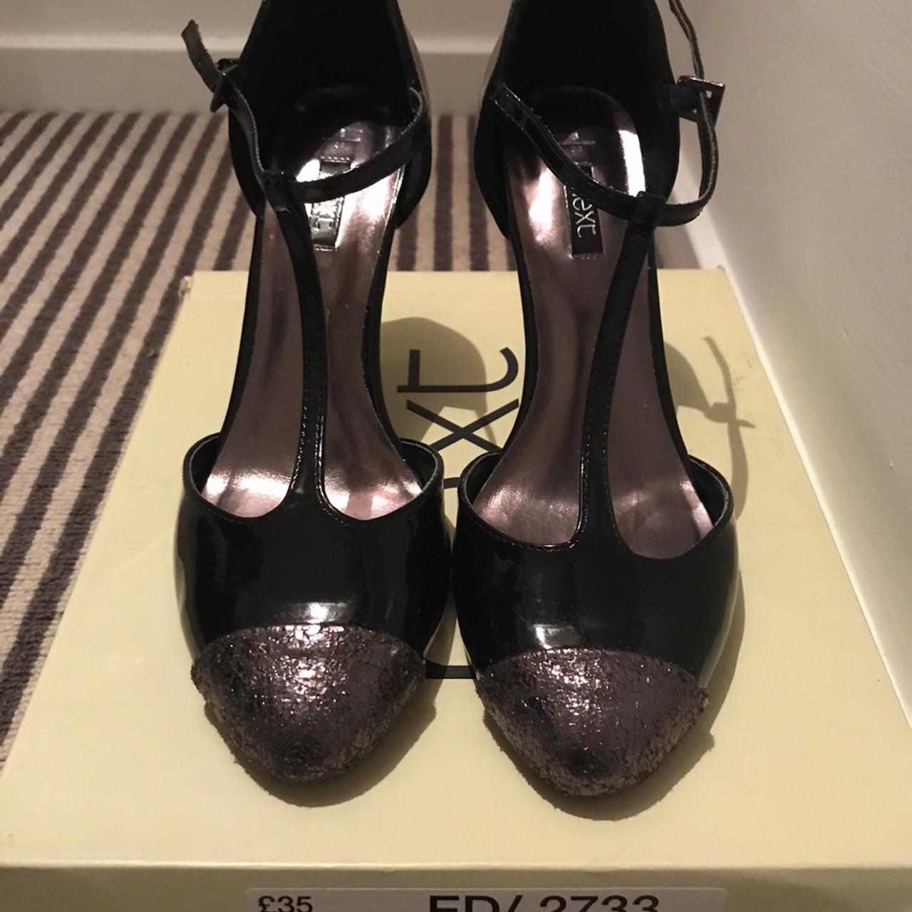 Patent black shoes with metallic toe Size 6... - Depop