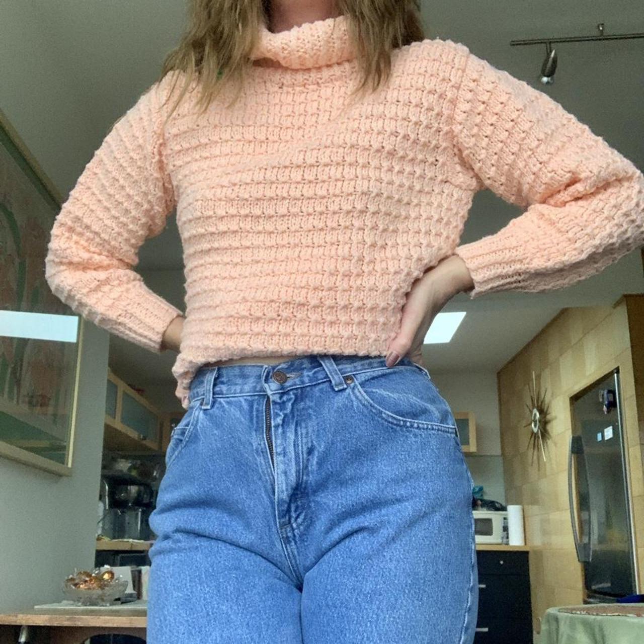 vintage peach hand knit sweater, NS but fits like a M. - Depop