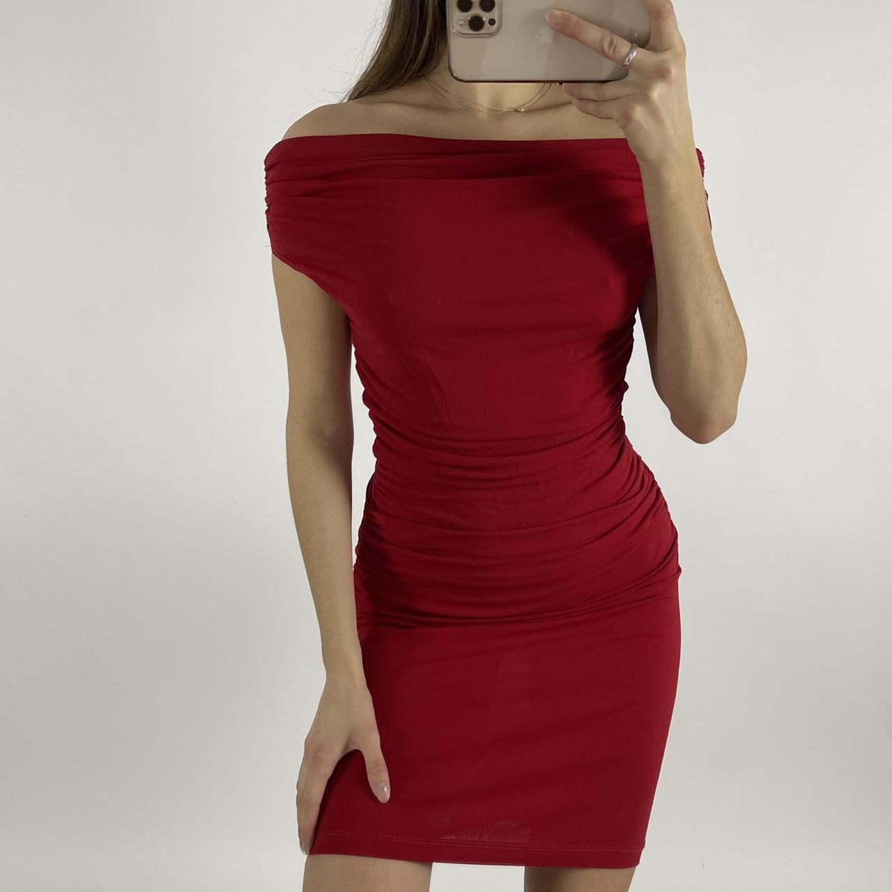 red ruched off the shoulder dress