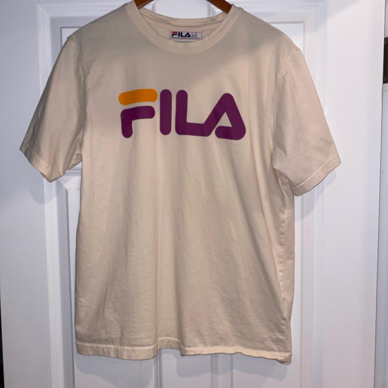 Tan Fila Tshirt purple and orange writing soft and