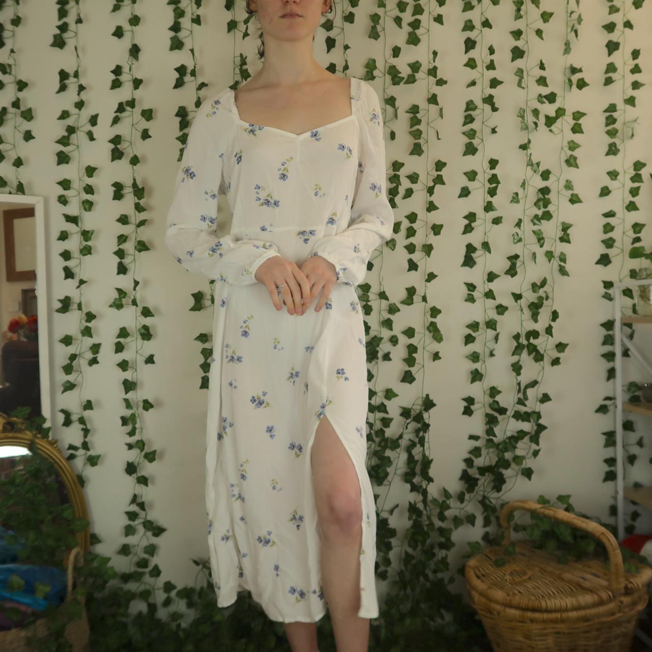 Cotton On White Long Sleeve Maxi Dress with a Blue... Depop