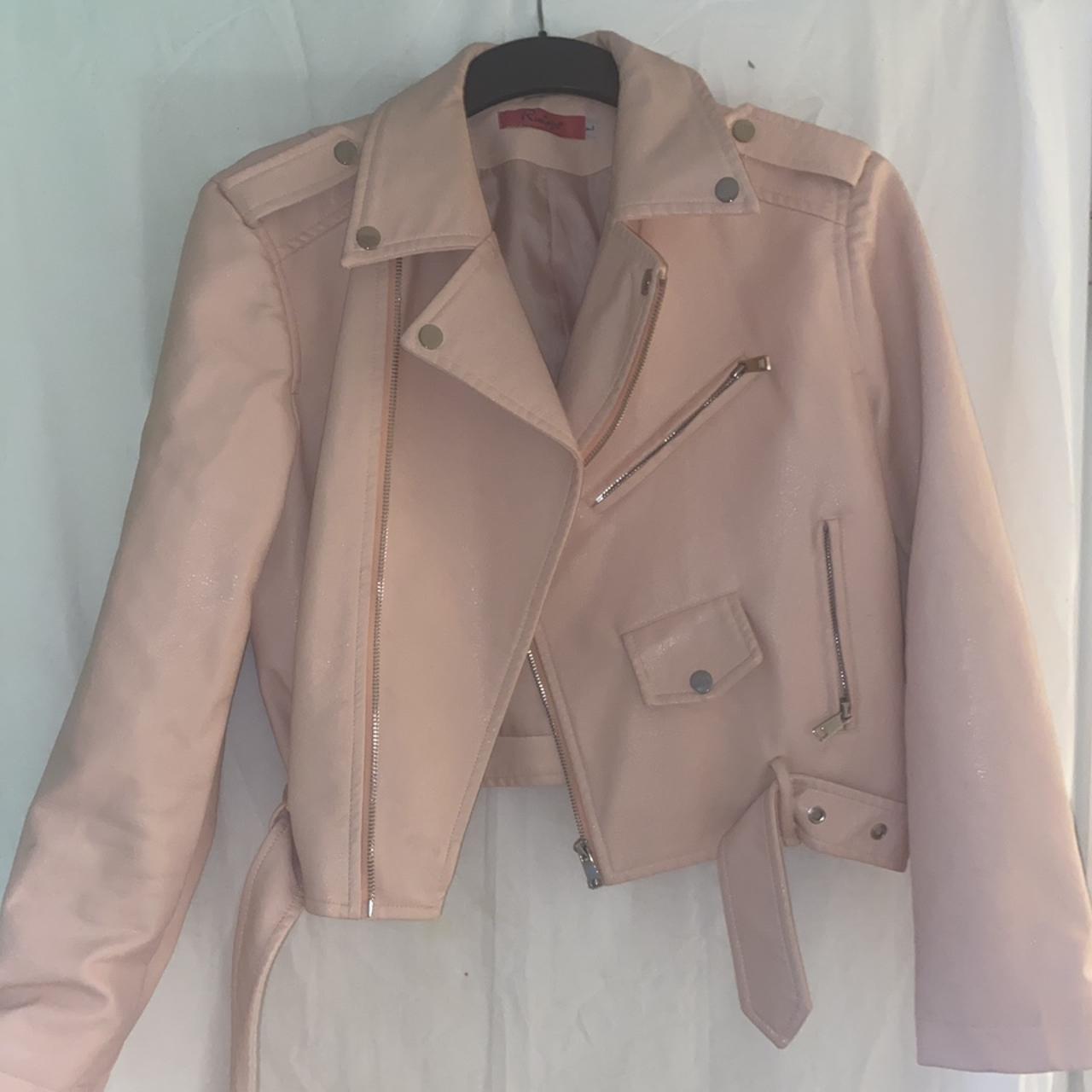 womans baby pink leather jacket. size M. been worn... - Depop