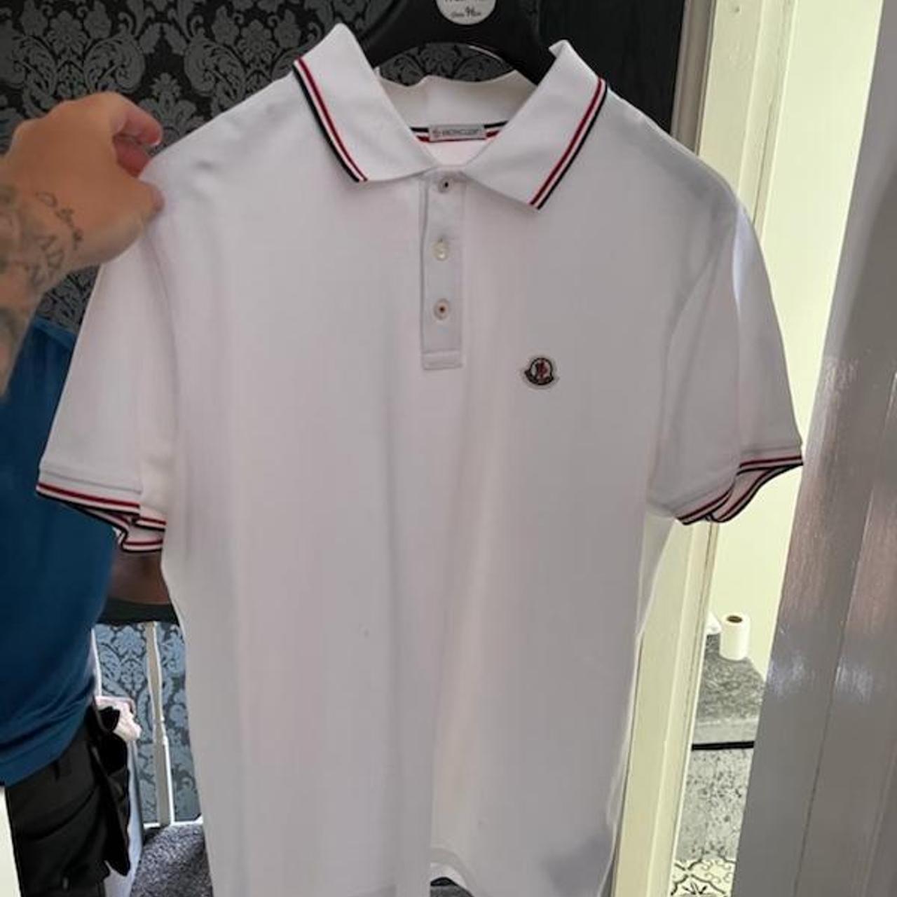White moncler mens polo shirt. Size large, very good... - Depop