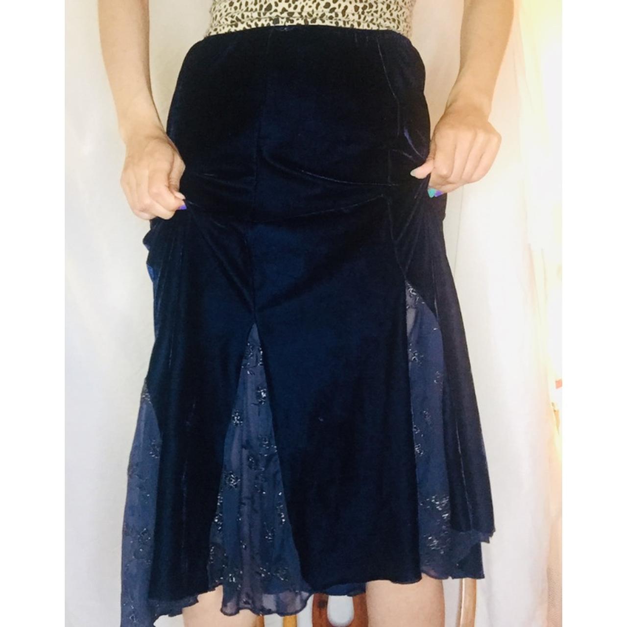 Velvet vintage midi skirt with floral mesh panels... - Depop