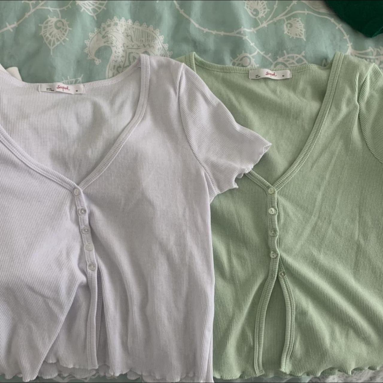 2 supre button up tops (green and white) Can sell... - Depop