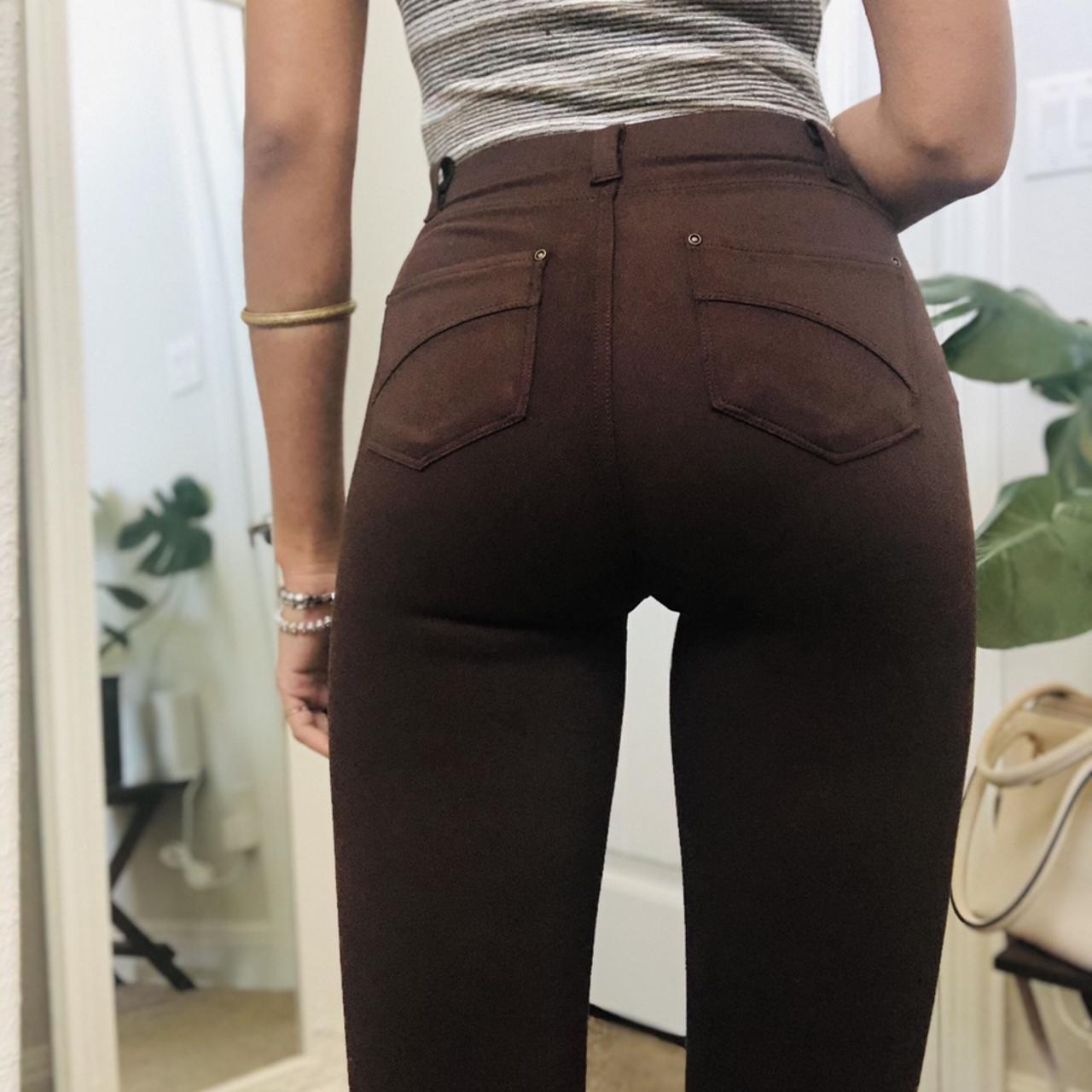 Stretchy brown jeggings with elastic waistband. - Depop