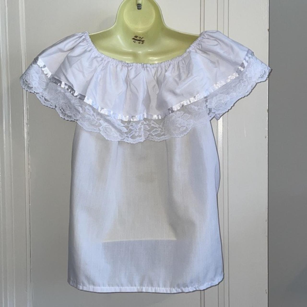 Vintage white polyester blouse with ruffled & lace... - Depop