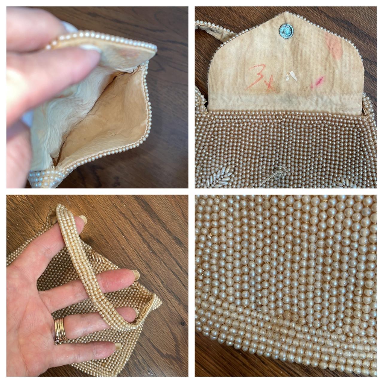 Vintage small pearl beaded evening bag with leaf - Depop