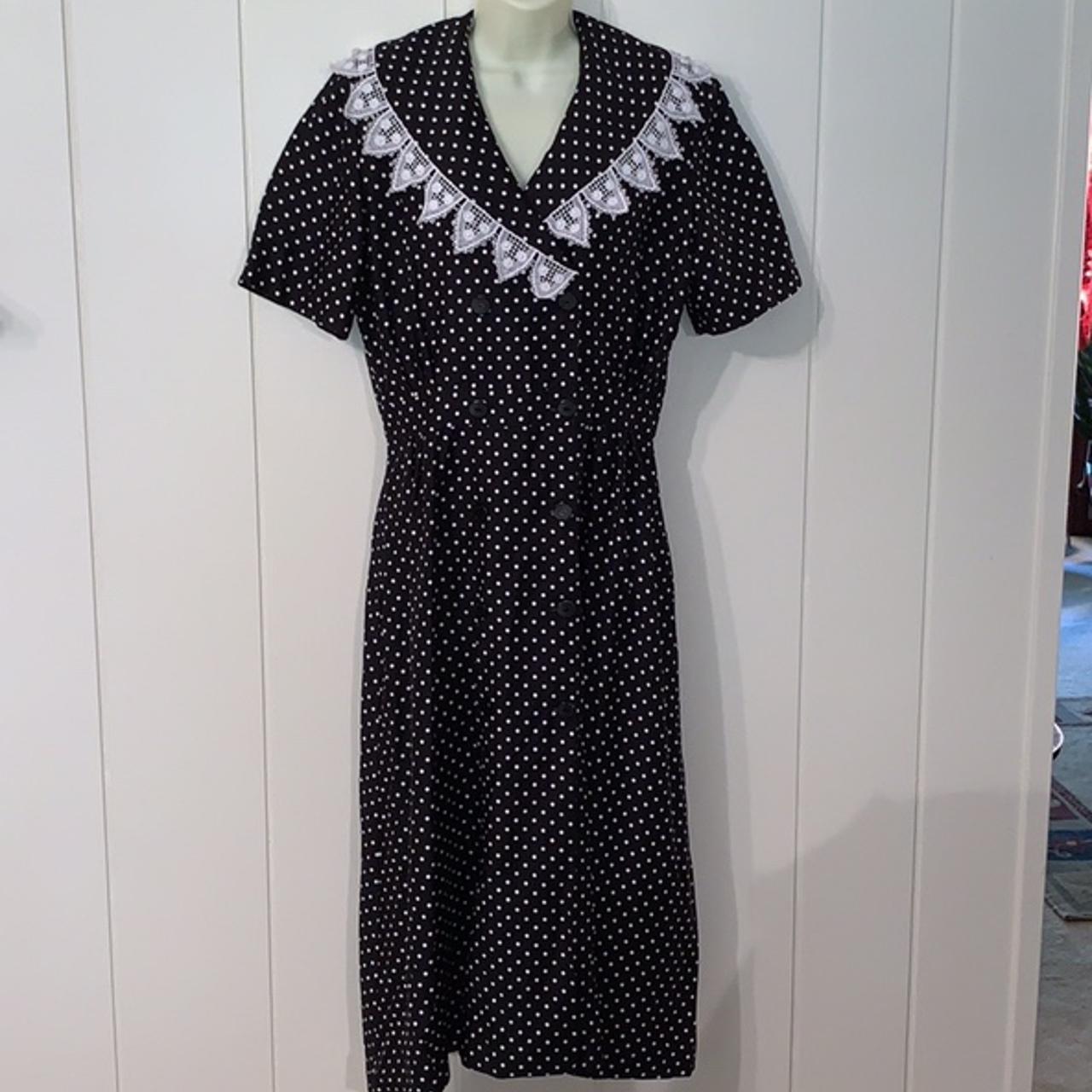 Vintage 80s does 40s black polka dot dress with lace... - Depop
