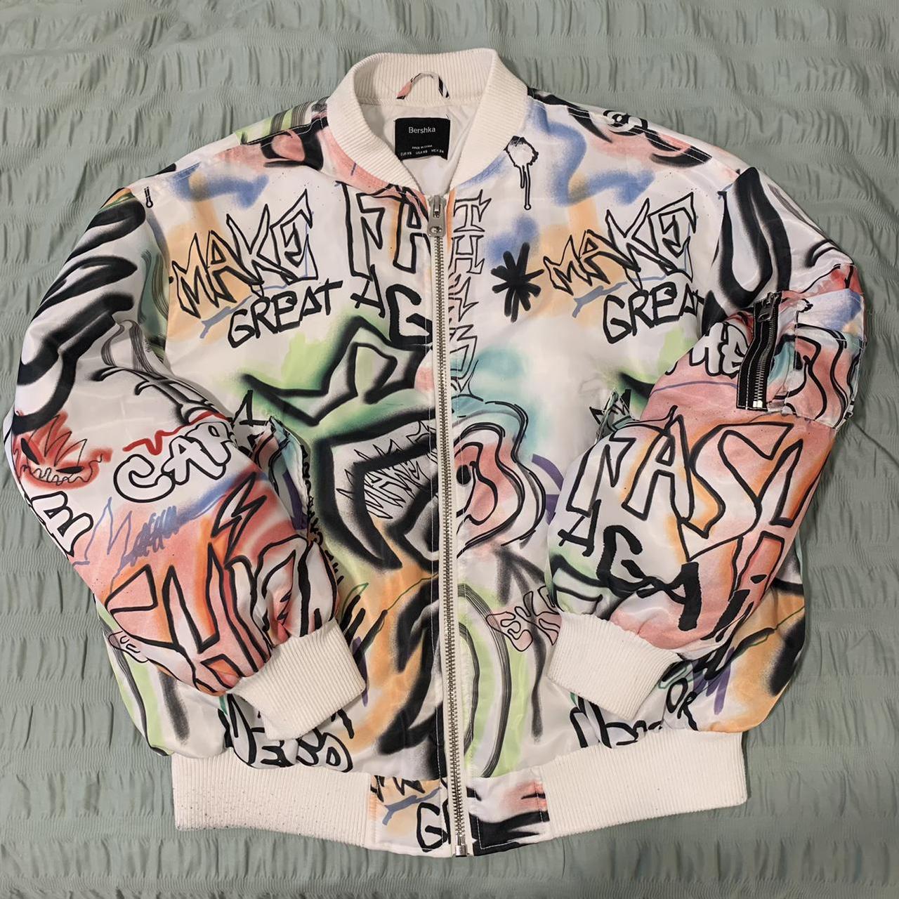 Bershka graffiti oversized bomber jacket This is... - Depop