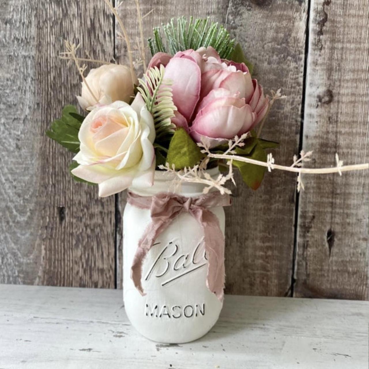 Hand painted Mason jar with faux flowers, vase with... Depop