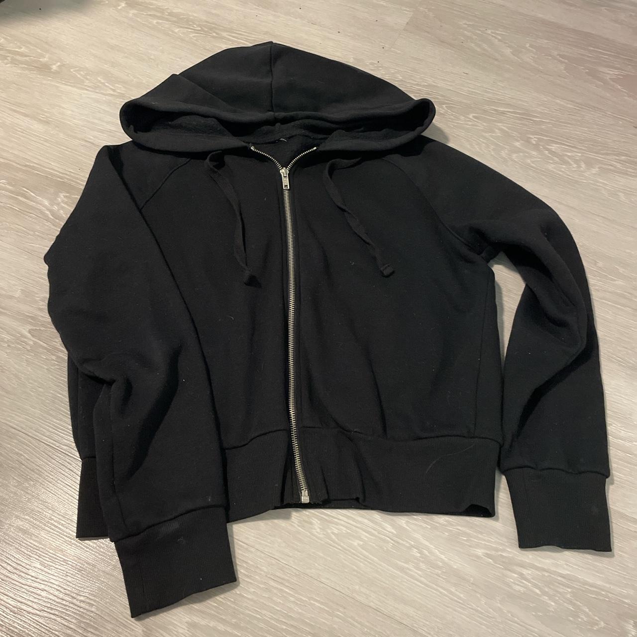 black cropped zip up hoodie, size medium but fits... - Depop