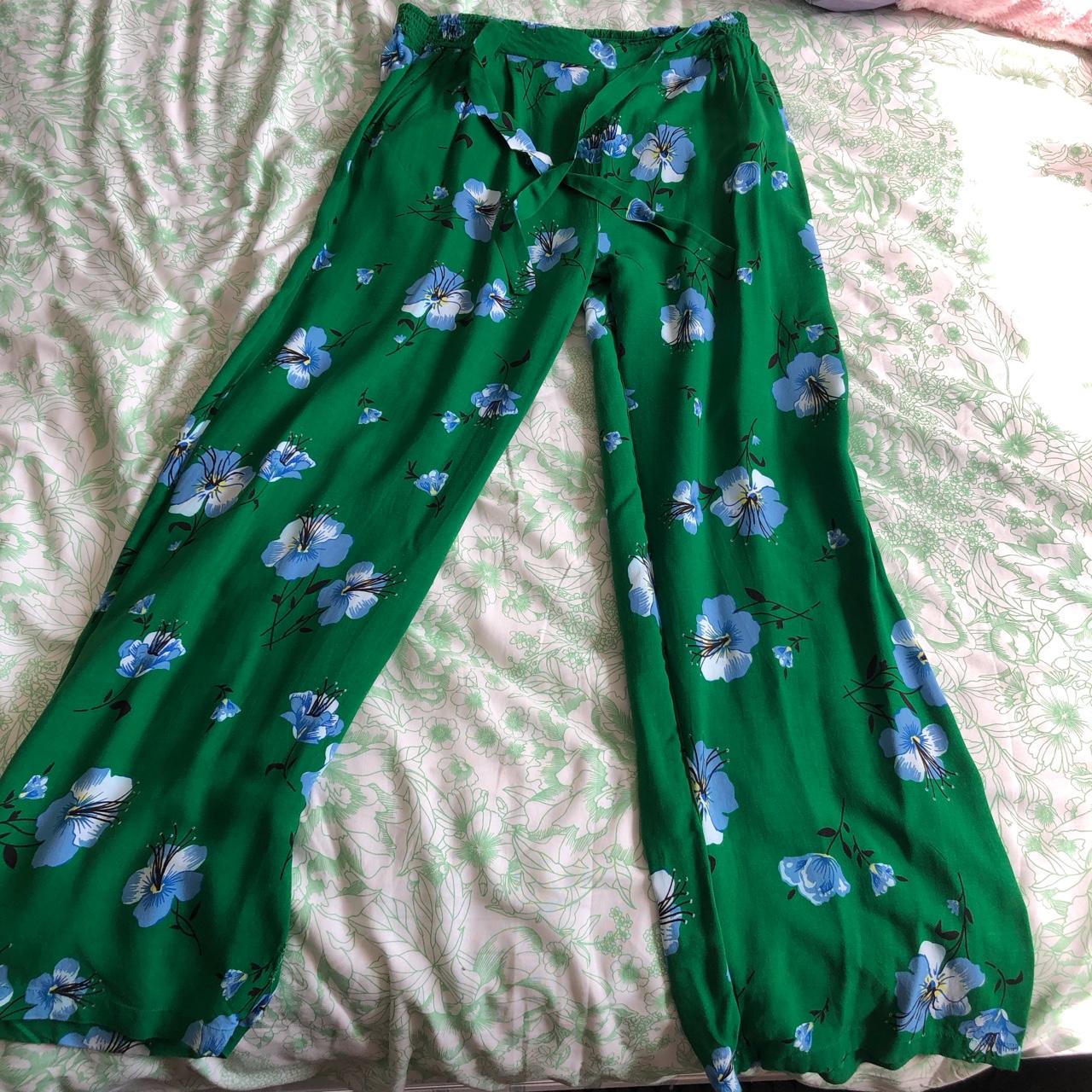 Green floral flare cotton trousers. With pockets!... - Depop