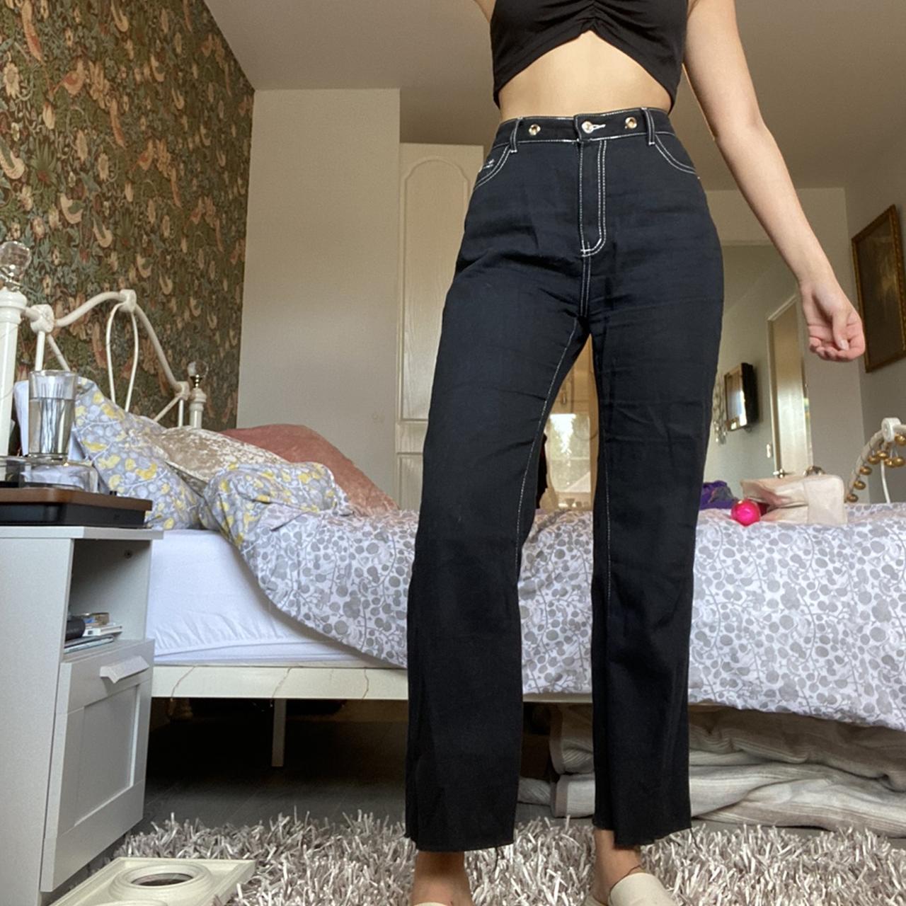 Black jeanstyle trousers with white contrast stitch... Depop